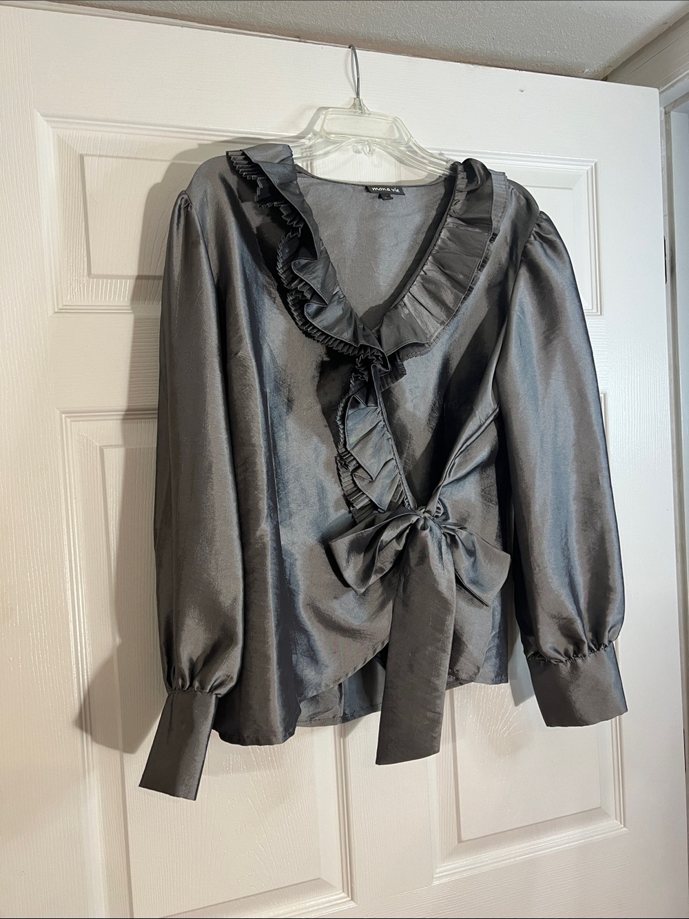 Ruffle Tie-Front Satin Blouse in Charcoal